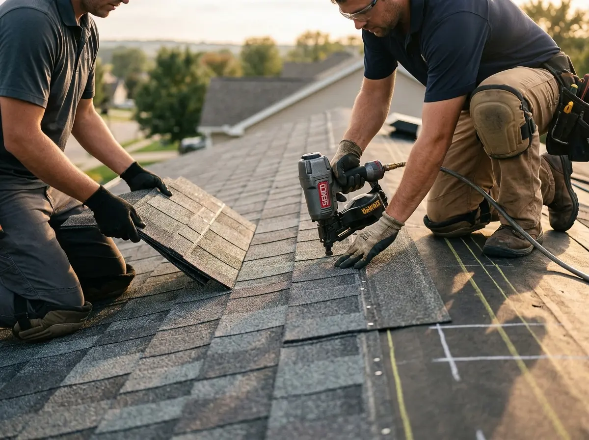 Professional roofer working on a residential roof in Cahokia Heights